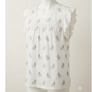 Style & Co Womens XL White Floral Embroidered Flutter Sleeve Lace Trim Blouse